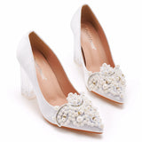 9cm Crystal Transparent Square Heel Beaded Pointed Single Shoes Women's Thick High Heels MartLion   