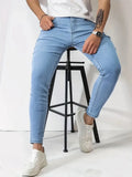 Men Jeans Stretch Skinny Denim Pants Solid Color Black Blue  Summer Street MartLion   