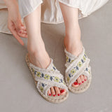 Summer Women Soft Cotton Embroidered Flat Espadrilles Slides Slippers Casual Holiday Shoes Beige MartLion   