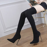 Liyke Pointed Toe Stretch Fabric Socks Over The Knee Boots Women Autumn Winter Shoes Thin HIgh Heels Long Mart Lion   