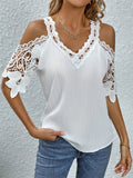 Shoulder Lace Short Sleeve Shirt Women V Neck Pullover Blouse MartLion   