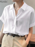 Summer Oversized Shirts Women Shirt Loose Solid Tops Short Sleeved Blouse Casual Solid Buttons Down MartLion WHITE 5XL 