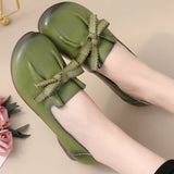 Luxury Green Ballet Flats Elegant Women's Shoes Genuine Leather Loafers Ladies Bowknot Soft Blue Moccasins MartLion   