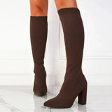 Green Women Cozy Knitting Stretch Fabric Knee High Boots Square Heels Autumn Winter Sock Long Shoes MartLion   