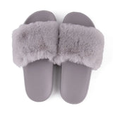 Summer indoor shoes ladies flat solid color open toe flip flops fake fur fox fur slippers MartLion   