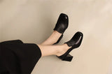 Genuine Leather Spring Women Shoes Square Toe Chunky Heel High Heel Pumps Black MartLion   