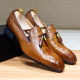 Men's Tassel Loafer Genuine Leather Dress Shoes Crocodile Prints Casual Slip-On Wedding Party Dress MartLion Brown US 6 