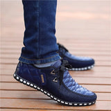 Men's Leather Shoes Autumn Casual Breathable Light Weight White Sneakers Driving Pointed Mart Lion blue 38 