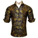 Luxury Shirts Men's Long Sleeve Silk Green Flower Slim Fit Tops Casual Button Down Collar Bloues Breathable Barry Wang MartLion 0444 S 