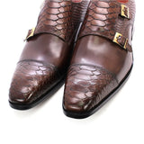 Men's Dress Shoes Genuine Leather Double Buckle Monk Strap Snake Print Cap Toe Classic MartLion   