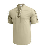 Summer Men's V-neck shirt Short-Sleeved T-shirt Cotton and Linen Led Casual Breathable tops Mart Lion apricot S 