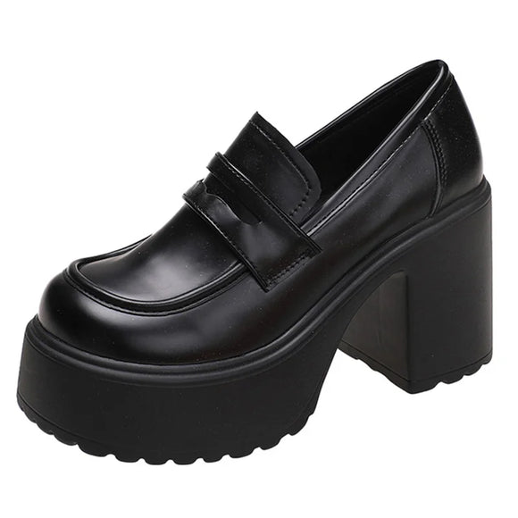  Black Chunky Platform Loafers Women Autumn Thick High Heel Pumps Woman Slip On Pu Leather MartLion - Mart Lion