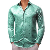 Luxury Shirts Men's Silk Satin Green Long Sleeve Slim Fit Blouses Button Down Collar Tops Breathable Clothing MartLion 0674 S 