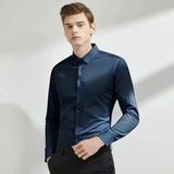 Men's long sleeved elastic shirt, non ironing business dress, professional work attire, stand up collar shirt MartLion   