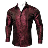 Silk Shirts Men's Red Burgundy Paisley Flower Long Sleeve Slim Fit Blouse Casual Lapel Clothes Tops Streetwear Barry Wang MartLion   