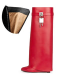 Women's Knee Length Slope Heel Shark Boots Thick Sole High Heel Thigh Round Head Warmth MartLion red cowhide 36 