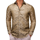 Designer Shirts Men's Silk Long Sleeve Gold Black Flower Slim Fit Blouses Casual Formal Tops Breathable Barry Wang MartLion 0068 S 