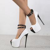 Liyke Design Double Buckle Strap Platform Sandals Women Pumps Peep Toe 16.5CM Super High Heels Stripper Shoes White Mart Lion   