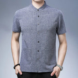 Men's Short-sleeved Seasonal Shirt with Stand Collar Linen Casual Daily Large Pocket Stand Collar Half Sleeve Shirt MartLion Blue gray 55-65KG40 