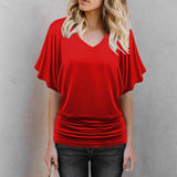 Elegant Women Blouse Casual T-shirt Summer Simple Solid Short Sleeve V-neck Office Lady Shirt Top Loose T-shirt MartLion Red S United States