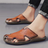 Summer Men's Closed Toe Slippers Genuine Leather Casual Sandals Flat Beach Shoes Foot Cozy Mart Lion   