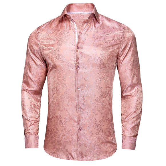 Coral Pink Paisley Men's Silk Shirt Spring Autumn Long Sleeve Wedding Turndown-Collar Dress Suit Shirt Formal Gift Hi-Tie MartLion CY-1034 S 