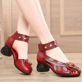 Genuine Leather Retro Style Chunky Heel Sandals Flower Open Toe Handmade Women High-Heeled Shoes MartLion   