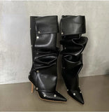 Runway Boots for Women Slim High Heels Pleated Metal Buckle Long Four Season MartLion PU black 38 