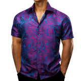 Barry Wang Men's Shirts Short Sleeve Silk Embroidered Red Green Blue Purple Gold Paisley Slim Fit Casual Blouses Lapel Tops MartLion 0230 S 