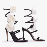 Women's Round Toe Slender High Heel Silk Rose Heel Strap Large Slotted Sandals Occidental Show Banquet Shoes MartLion 1257-3Black white 44 