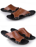 Men's Slippers Summer Genuine Leather Casual Slides Street Beach Shoes Black Cow Leather Sandals Mart Lion   