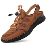 Sandals Men's Summer Outdoor Mesh Splice Leather Luxury Social Shoes Handmade Durable Sole Lace Up Beach MartLion light brown 38 