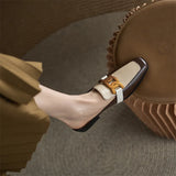 Spring Summer Women Shoes Square Toe Pumps Solid Cow Leather Low Heel Mules Metal Button Slipper Mules MartLion   