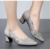 Summer Hollow Out Genuine Leather Pumps Women Shoes Med Heels Square Diamond Mesh Ladies Office  Crystal MartLion   