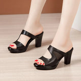 8cm Cutout Mesh Block High Heels Slides Summer Shoes Soft Leather Slippers Platform for Office Work Mom MartLion   