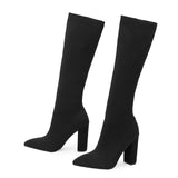 Green Women Cozy Knitting Stretch Fabric Knee High Boots Square Heels Autumn Winter Sock Long Shoes MartLion Black 35 