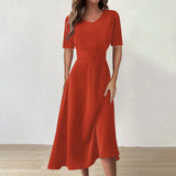 Women Dress Casual Print Mid-Calf Dresses V-Neck Short Sleeves Frocks Robes MartLion Saffron L United States