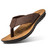 Summer Shoes Men's Slippers Genuine Leather Flip Flops Flat Sandals Holiday Non-slip Black Khaki MartLion Brown 10 