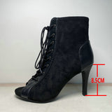All Solid Black Ladies Indoor Jazz Dance Shoes Gladiator Lace Up Peep Toe Dance Women Sandals Mart Lion Black-8.5CM 34 China