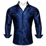 Luxury Blue Shirts Men's Solid Satin Embroidered Paisley Flower Long Sleeve Slim Fit Blouses Casual Lapel Tops Barry Wang MartLion 0414 S 