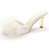 Summer Shoes Woman Feather Thin High Heels Fur Slippers Peep Toe Mules Lady Pumps Slides MartLion Beige 39 