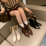 Autumn And Winter Boots Cowhide Material Square Heel Calf Height Women's Shoes Pointed MartLion   