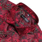 Luxury Shirts Men's Silk Red Green Paisley  Long Sleeve Slim Fit Blouses Button Down Collar Casual Tops Barry Wang MartLion   