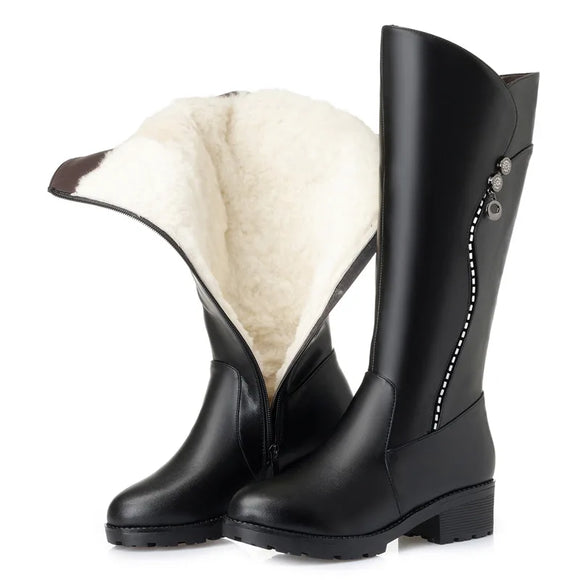 Women's Leather Female Ladies Boots Platform Snow Wool Plush Fur Warm Winter Mid Heel Zipper MartLion