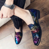 Men's Dress Leather Shoes For Luxury British Gold Blue National Pattern Oxfords Classic Gentleman Wedding Prom Mart Lion   