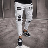 Men Jeans Knee Hole Ripped Stretch Skinny Denim Pants Solid Color Black Blue Summer MartLion JK807X White L CHINA