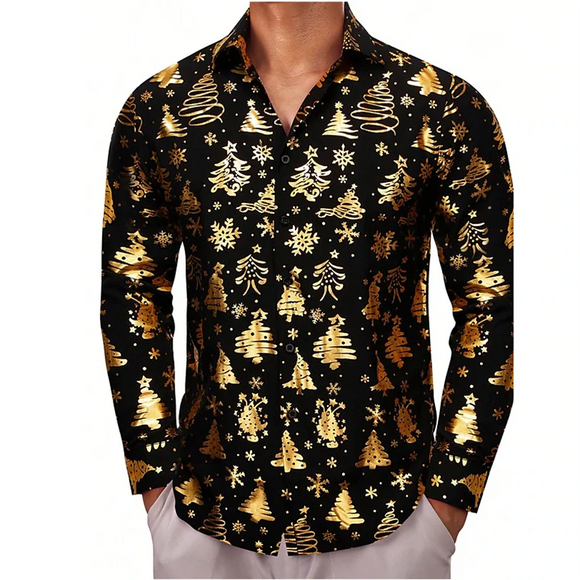 Men's Shirt Button Gold Shirt Casual Designer Christmas Long Sleeve Tops Men's Lapel MartLion   