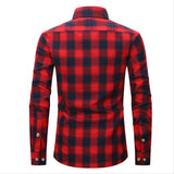 Mens Clothing Blouse Striped Men Red Green Blue Dress Shirt Tops Casual Business Plaid Print Long Sleeves Pocket design Shirt MartLion   