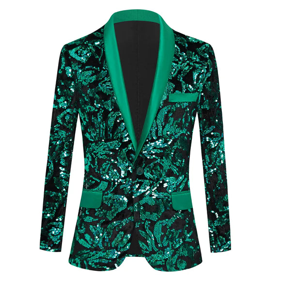  Men's Shiny Green Sequins Blazer Stylsih Shawl Collar One Button Tuxedo Floral Suit Jacket Party Wedding Groom Homme MartLion - Mart Lion
