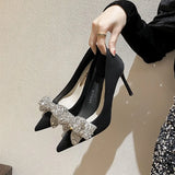 Black Women's Bowknot Pumps Strappy Rhinestone Open Toe Shoes High Heels Work Dress MartLion   